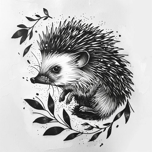 Monochrome tattoo sketch with hedgehog and minimalist design