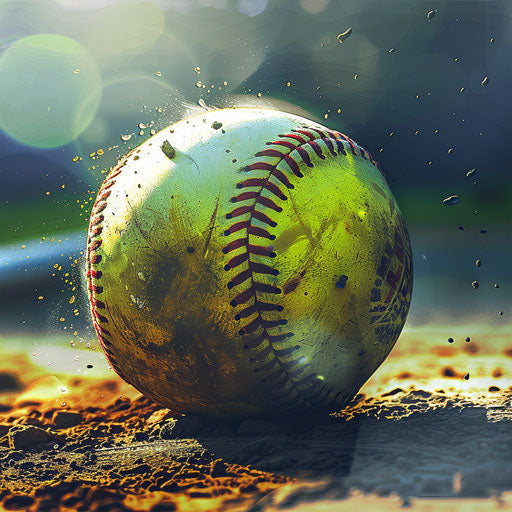 Softball clipart in photo realistic style with a flat random background, high contrast and saturated hues