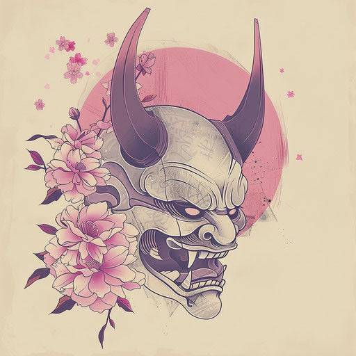 Flat sketch of a Hannya mask with a minimalist design and soft pastel background