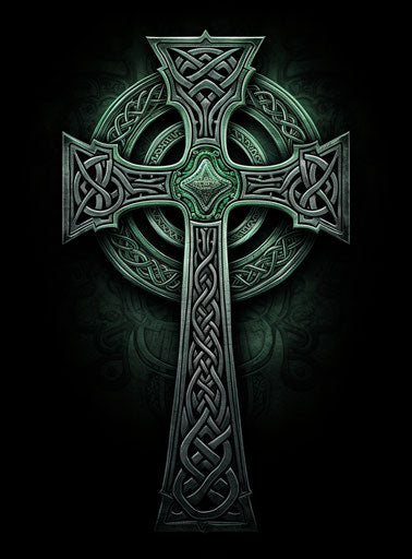 Detailed graphite Celtic cross design, dark emerald and gray