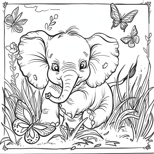 Baby elephant playing with butterflies in grassy meadow. Coloring book page