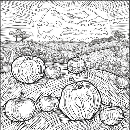Apples in a whimsical, Dr. Seuss-inspired landscape.