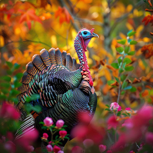 Wild turkey surrounded by colorful foliage