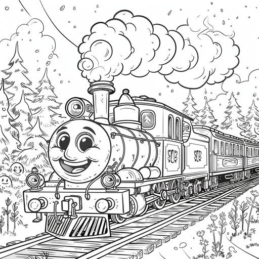 Whimsical cartoon train with happy faces on each car