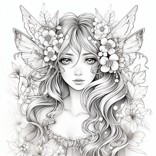Fairy with wings coloring page, soft dreamy tones, manga style