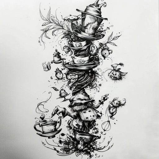 Detailed black and white ink sketch of the Mad Hatter’s tea party as a tattoo on pristine white background