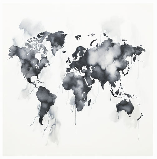 Black & white watercolor world map design, visual puns style
