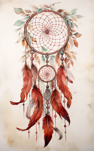 Dream catcher with light red and dark emerald feathers