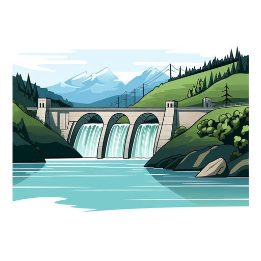 Minimalist-style artwork of a dam, on a white backdrop