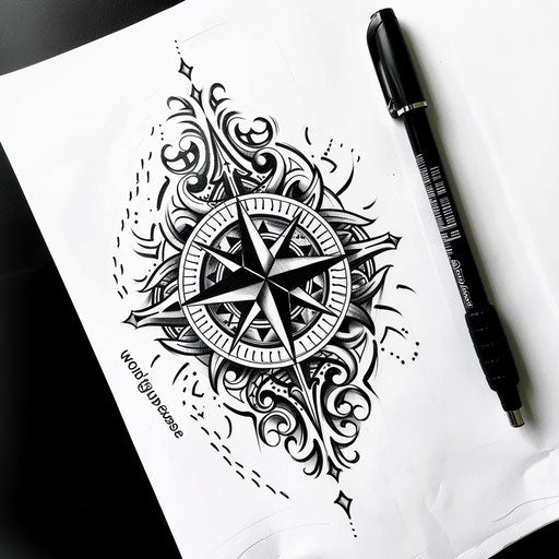 Polynesian tattoo sketch of a compass rose with bold black tribal patterns