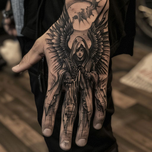 Small hand tattoos of a dark angel, in the style of Gerald Brom