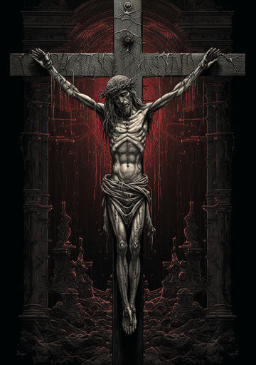 Engraved crucifix, reflected in meatpunk style, poster, lyco art, witchcore 7:10