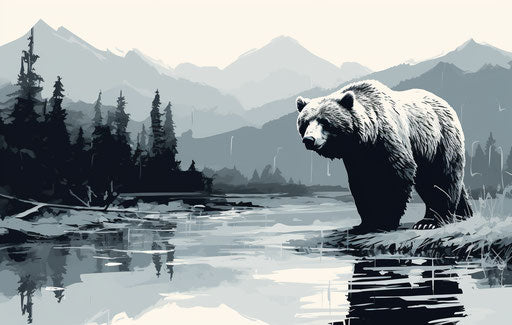 Bear walking on the water in high-contrast realism style
