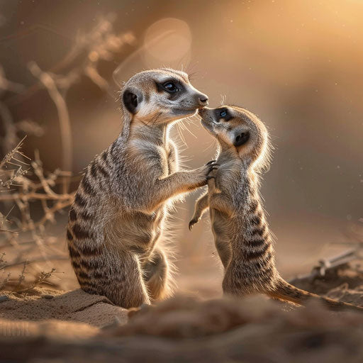 Meerkat and young playing in the sand, tender moments