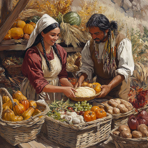 A Pilgrim woman and a Native American man working together to serve the first Thanksgiving meal