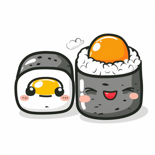 Two cute sushi rolls with orange yolk on white background