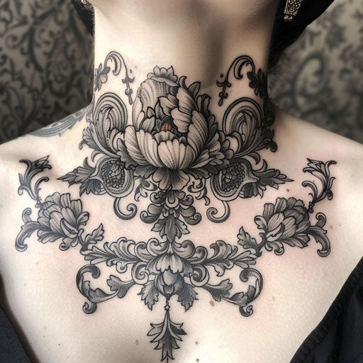 Throat tattoos with botanical details