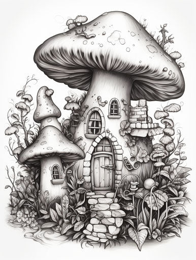 Mushroom house in faux naïf style, soft tones