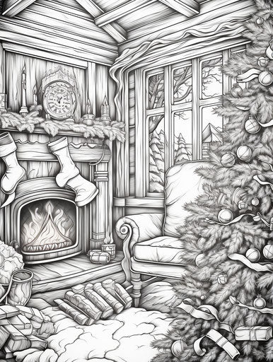 Coloring pages with Christmas scene, vibrant dotted style