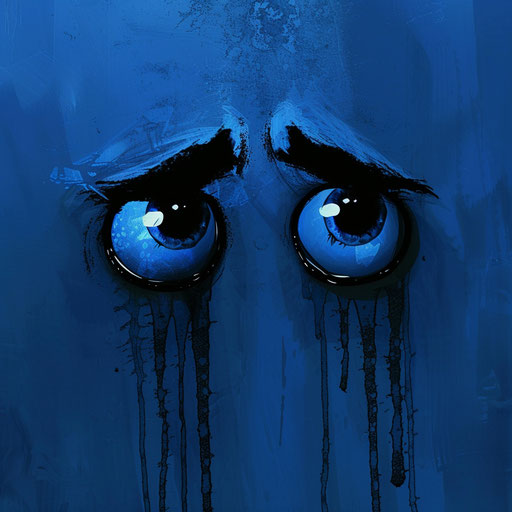 Blue emoticon with tears eyes, #screenshotsaturday style, intriguing press photo, shadowy drama, emotionally charged scenes