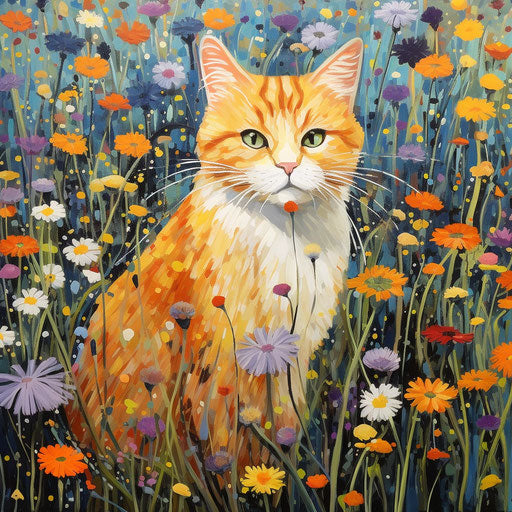 Orange cat in a field of flowers