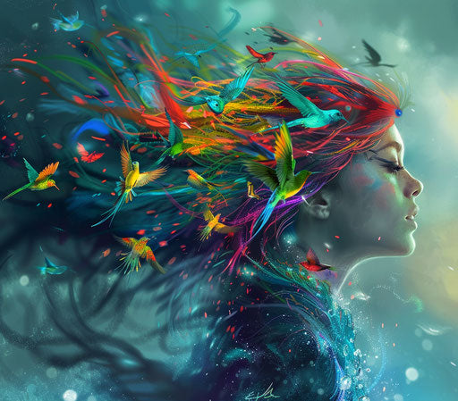 Girl with colorful hair and flying birds
