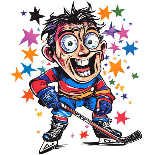Humorous caricature of a hockey cartoon with human traits