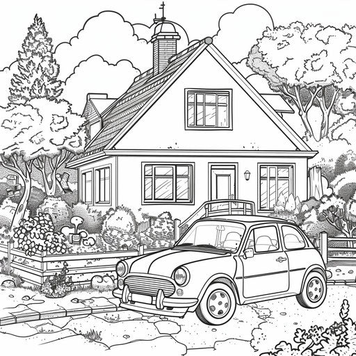 Car parked in front of suburban house with garden