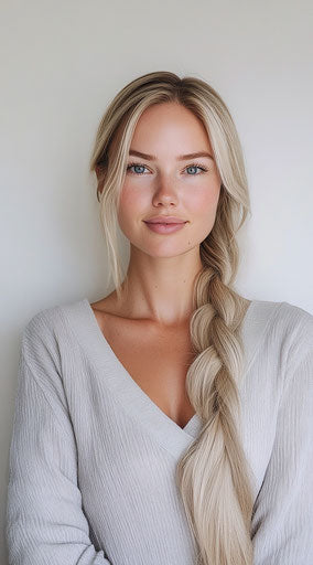 Blonde woman with long hair in Instagram-style photo