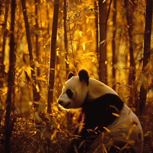 Giant panda in a golden bamboo grove at dusk