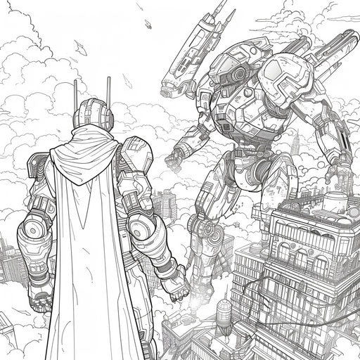 Superhero battling a giant robot in a futuristic city