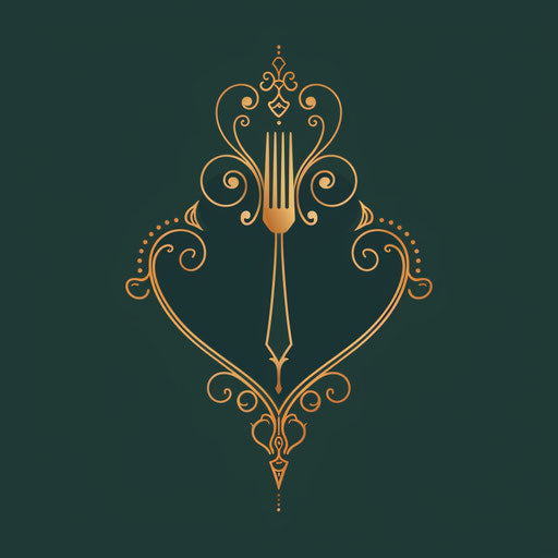 Gourmet food logo with elegant gold details on dark green background