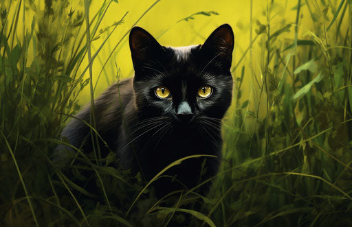 Black cat in a green field, in style of dark yellow and dark emerald