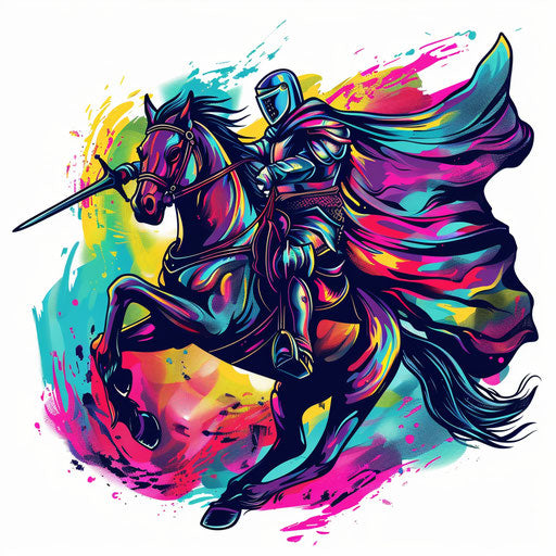 Flat tattoo sketch of a knight charging on horseback