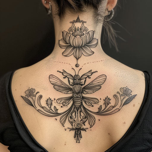 Neck tattoo with intricate insect artwork