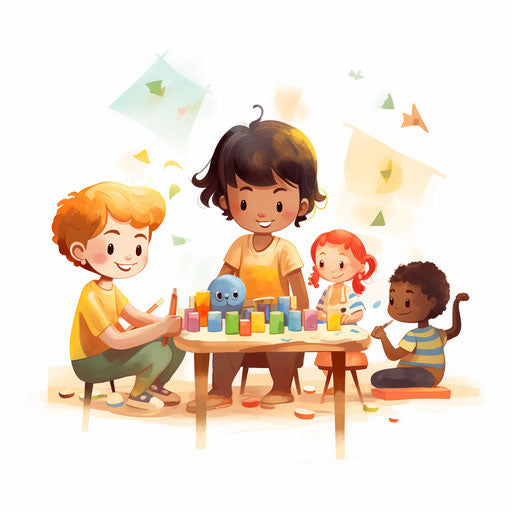 Daycare illustration in the style of Chiaroscuro Art, on white background