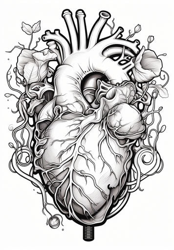 The heart in black and white, exaggerated anatomy style