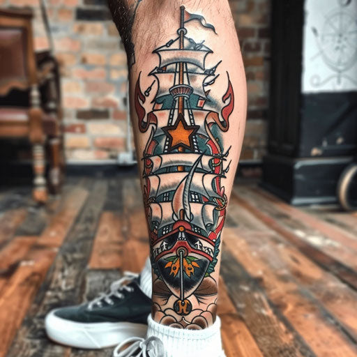 Bold leg tattoo with anchors and ships