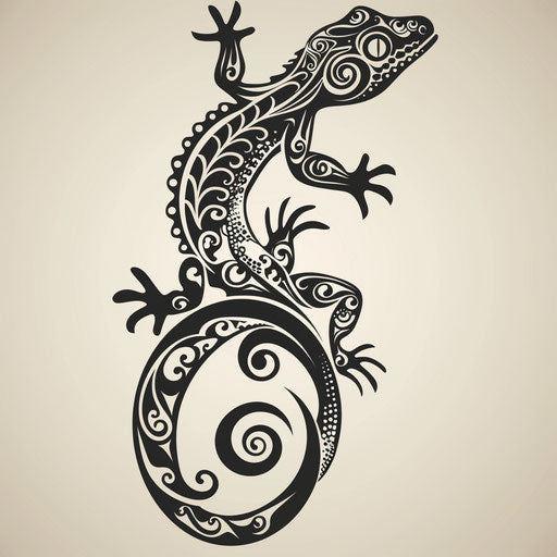 Stylized flat tattoo sketch of a gecko with swirling tribal patterns