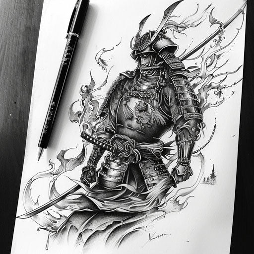Elegant samurai warrior from classic anime, detailed tattoo sketch
