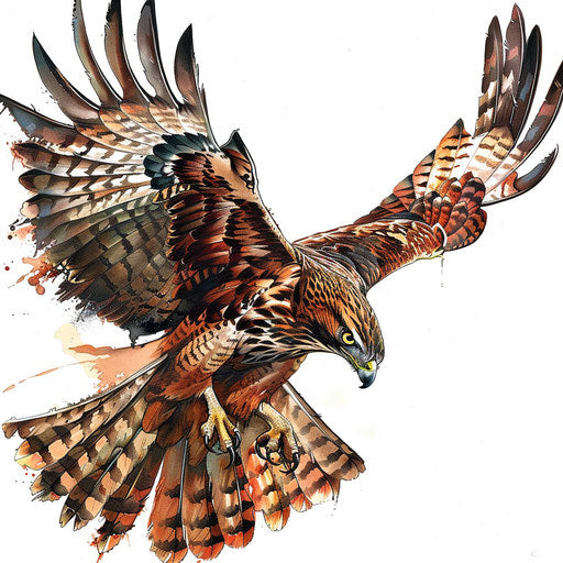 Realistic hawk in flight, detailed tattoo on white backdrop