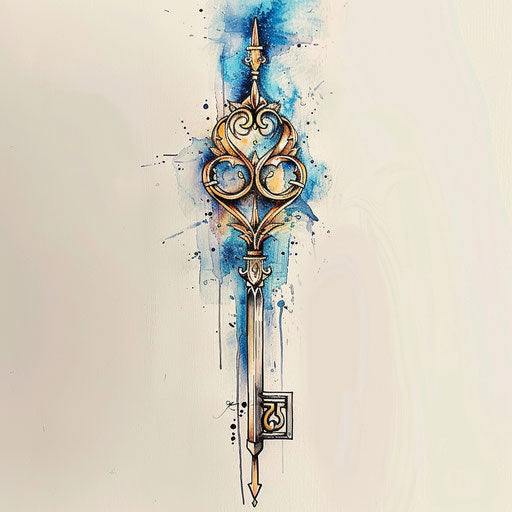 Elegant sketch of a filigree key with subtle watercolor
