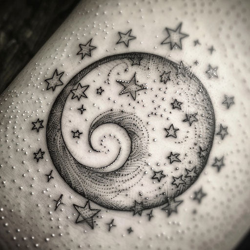 Dotwork tattoo pattern of a moon with stars in a spiral formation on a white base