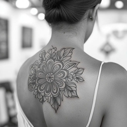Shoulder tattoos for females with mandala designs, in the style of Maria Sibylla Merian