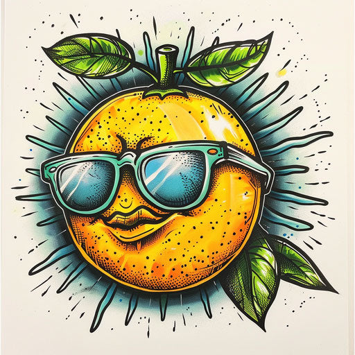 Vibrant flat tattoo sketch of a lemon wearing sunglasses