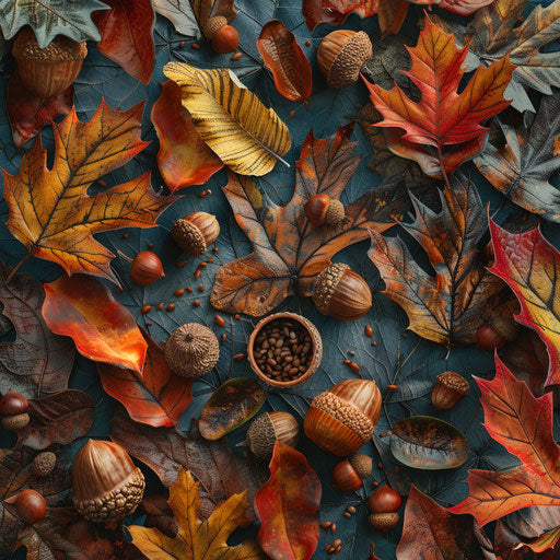 Nature still-life with colorful fall leaves and acorns