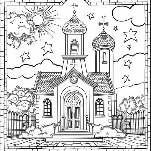 Whimsical cartoon church with open doors and smiling faces