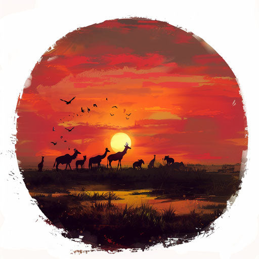 Animals silhouetted at sunset on the African plain