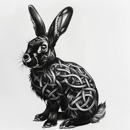 Cultural flat tattoo sketch of a black rabbit with traditional Celtic knots