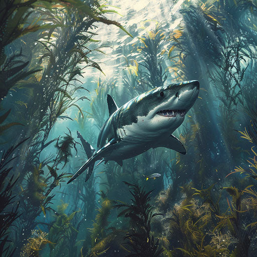 Great white shark near kelp forest, Aaron Blaise style